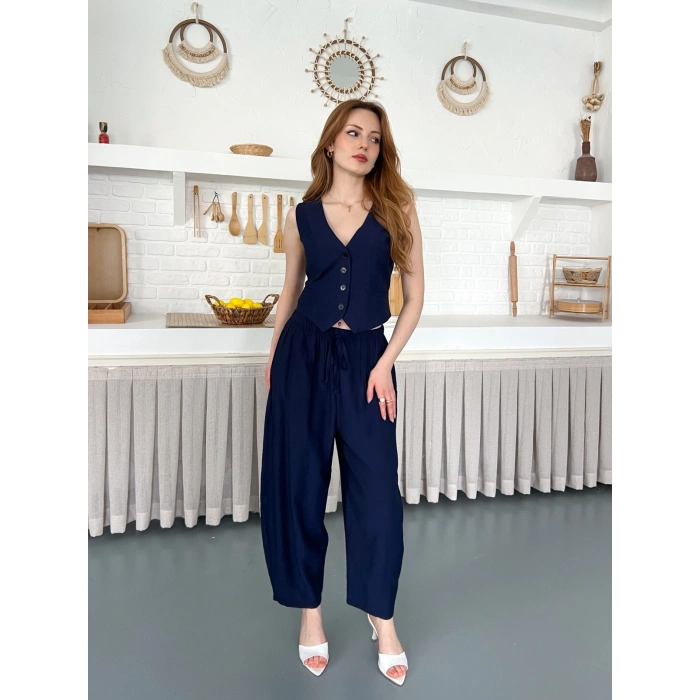 Çilek Kumaş Yelekli Takım Lacivert