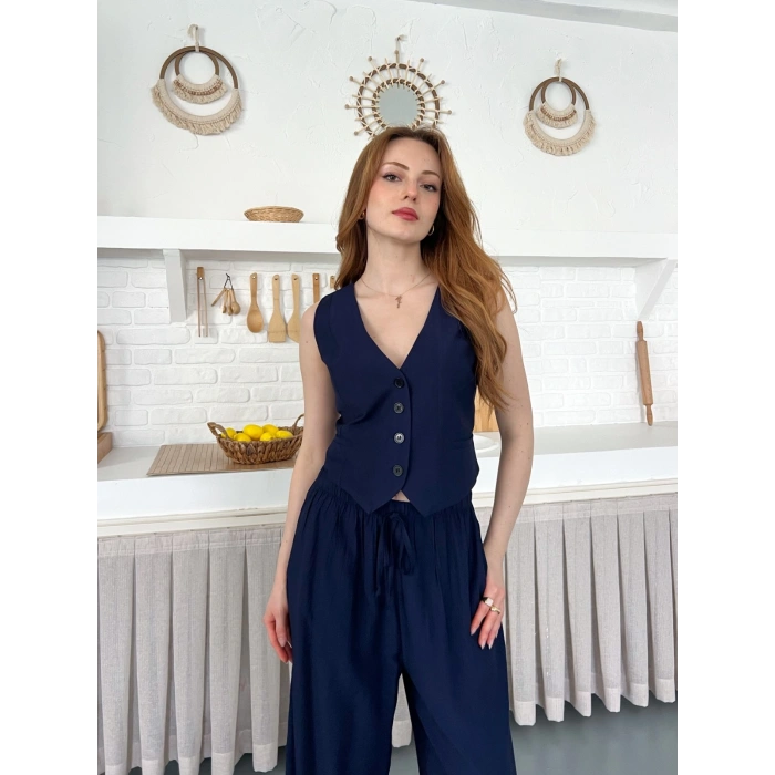 Çilek Kumaş Yelekli Takım Lacivert