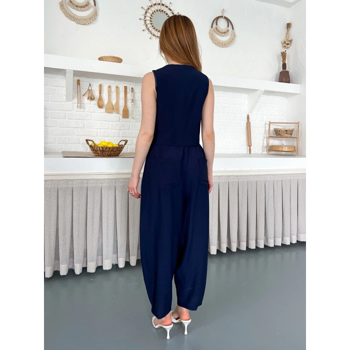 Çilek Kumaş Yelekli Takım Lacivert