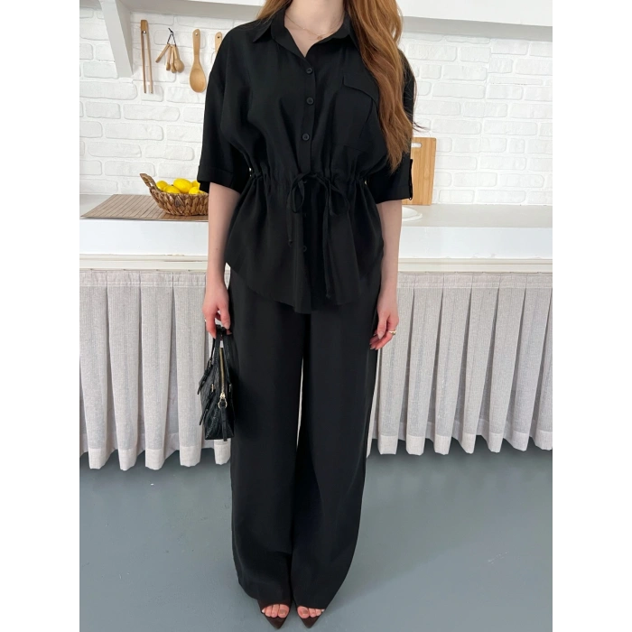 Modal Kumaş Bel Büzgü Detaylı Rahat Takım Siyah