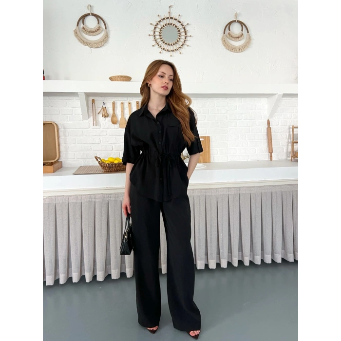 Modal Kumaş Bel Büzgü Detaylı Rahat Takım Siyah