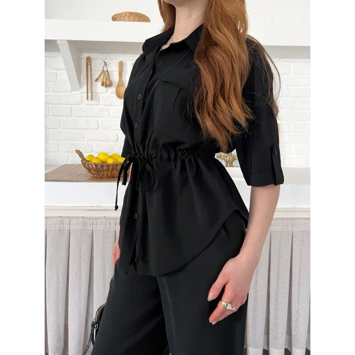 Modal Kumaş Bel Büzgü Detaylı Rahat Takım Siyah