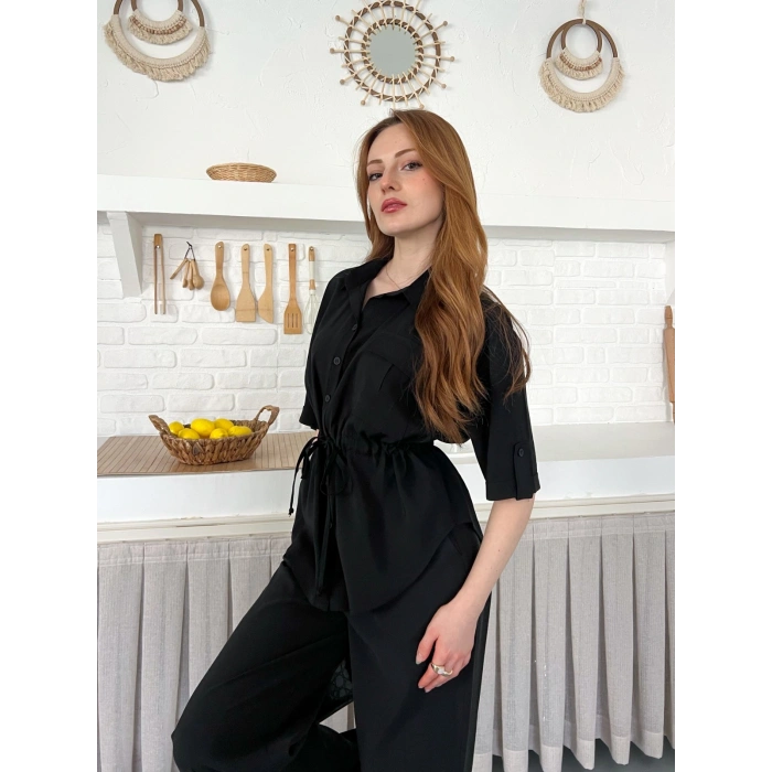 Modal Kumaş Bel Büzgü Detaylı Rahat Takım Siyah