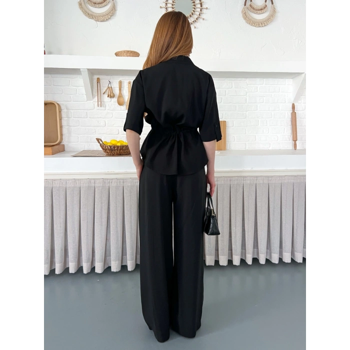 Modal Kumaş Bel Büzgü Detaylı Rahat Takım Siyah