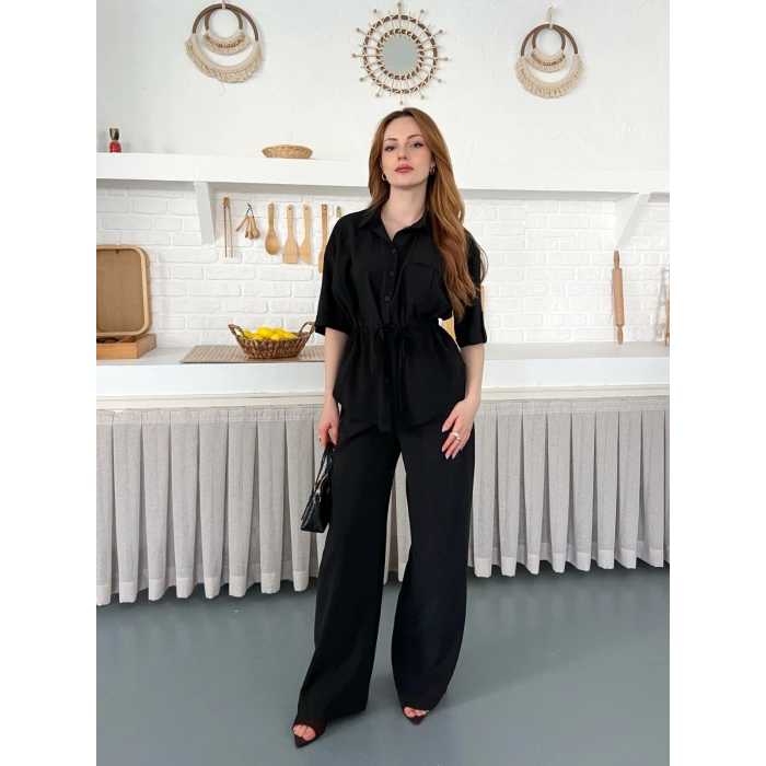 Modal Kumaş Bel Büzgü Detaylı Rahat Takım Siyah