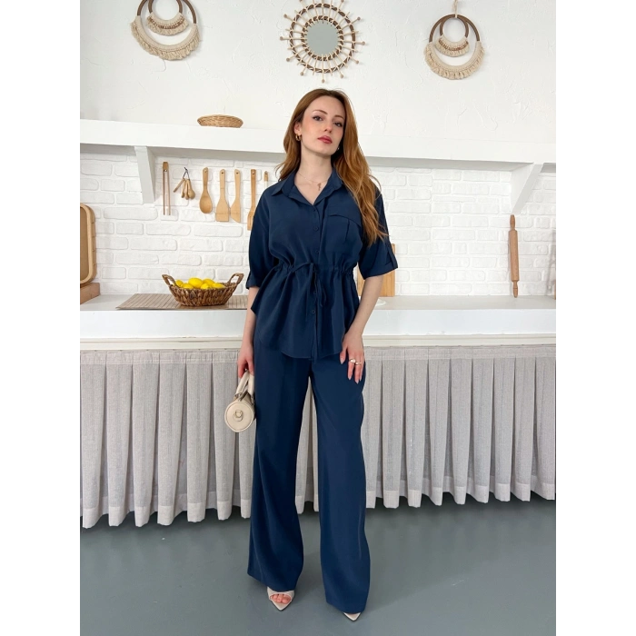 Modal Kumaş Bel Büzgü Detaylı Rahat Takım Lacivert