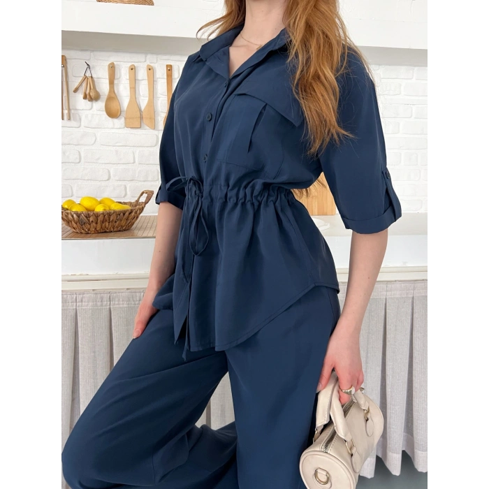 Modal Kumaş Bel Büzgü Detaylı Rahat Takım Lacivert