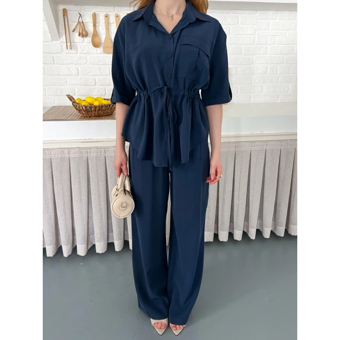 Modal Kumaş Bel Büzgü Detaylı Rahat Takım Lacivert