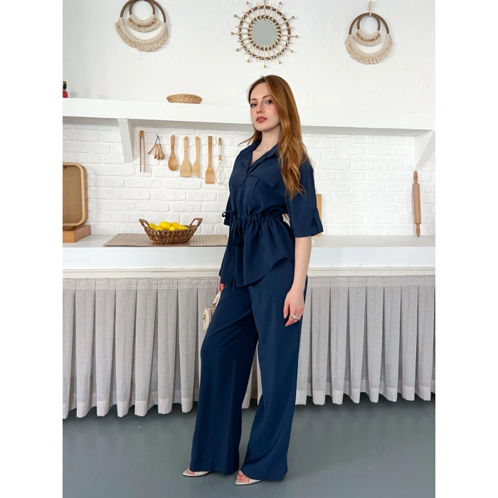Modal Kumaş Bel Büzgü Detaylı Rahat Takım Lacivert