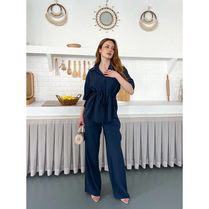 Modal Kumaş Bel Büzgü Detaylı Rahat Takım Lacivert