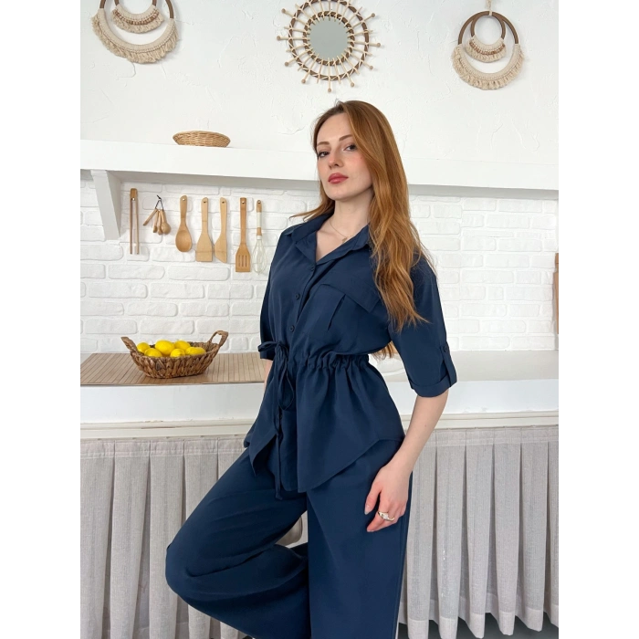 Modal Kumaş Bel Büzgü Detaylı Rahat Takım Lacivert