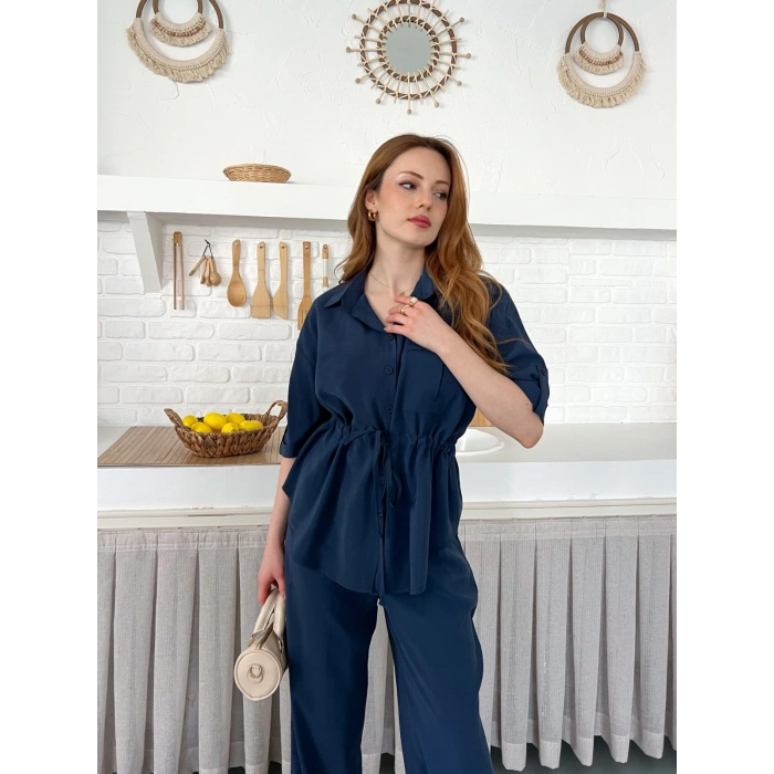 Modal Kumaş Bel Büzgü Detaylı Rahat Takım Lacivert