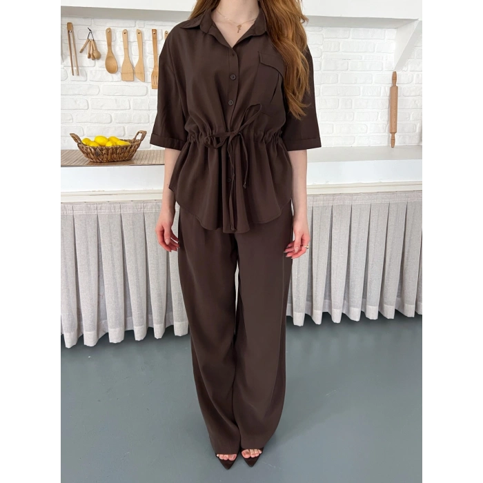 Modal Kumaş Bel Büzgü Detaylı Rahat Takım Kahve