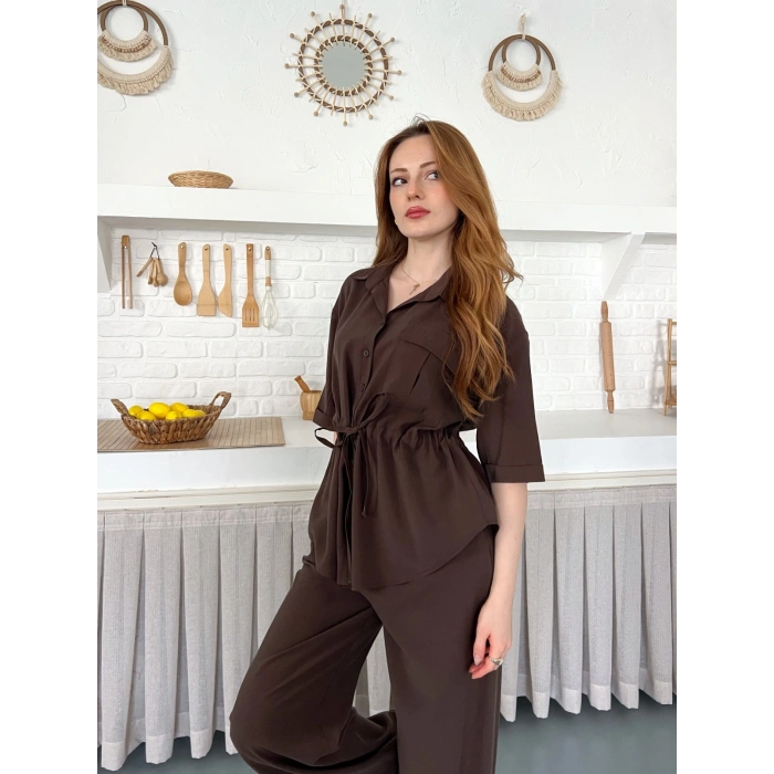 Modal Kumaş Bel Büzgü Detaylı Rahat Takım Kahve