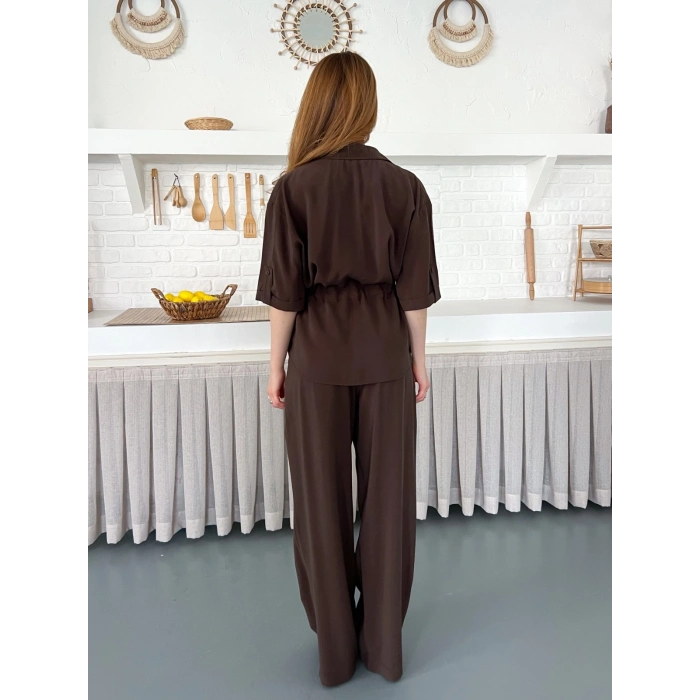 Modal Kumaş Bel Büzgü Detaylı Rahat Takım Kahve