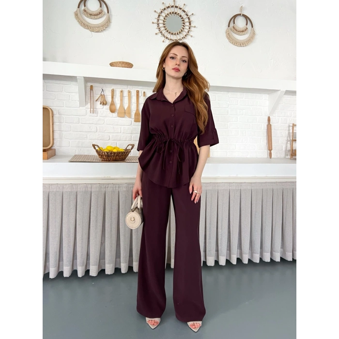 Modal Kumaş Bel Büzgü Detaylı Rahat Takım Mürdüm