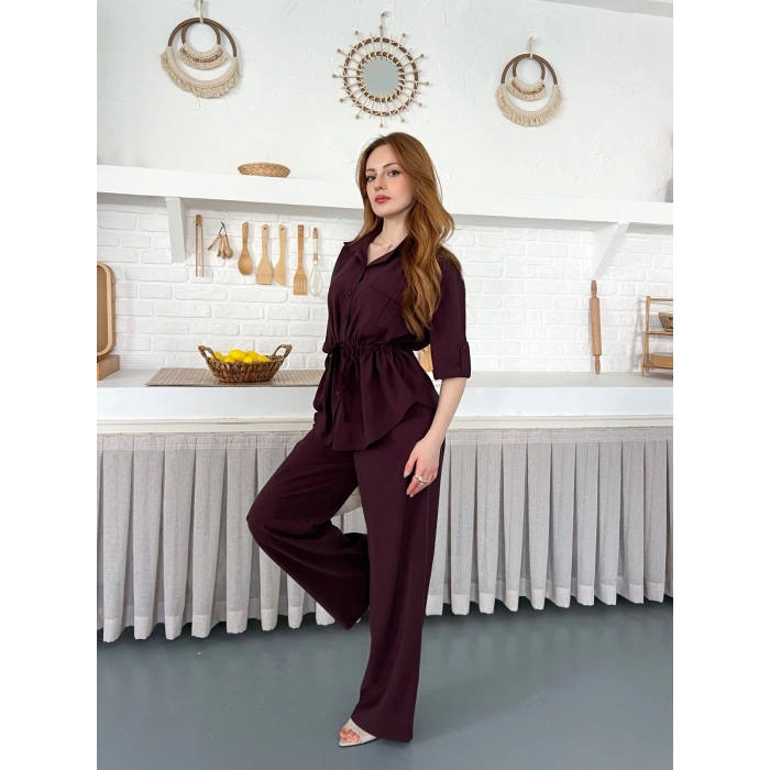 Modal Kumaş Bel Büzgü Detaylı Rahat Takım Mürdüm