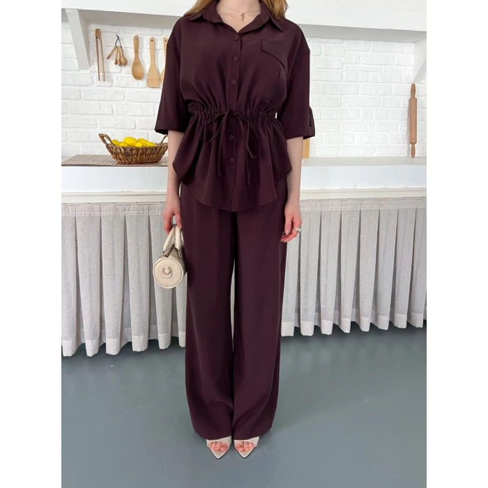 Modal Kumaş Bel Büzgü Detaylı Rahat Takım Mürdüm