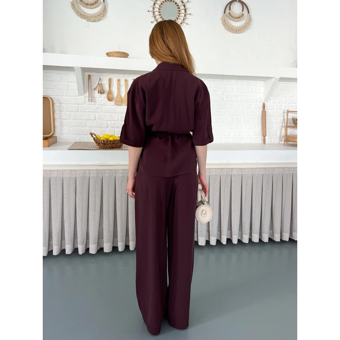 Modal Kumaş Bel Büzgü Detaylı Rahat Takım Mürdüm