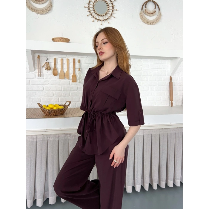 Modal Kumaş Bel Büzgü Detaylı Rahat Takım Mürdüm