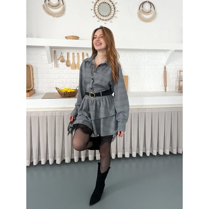 Kemer Detaylı Ekose Kumaş Dantel Etekli Takım Gri