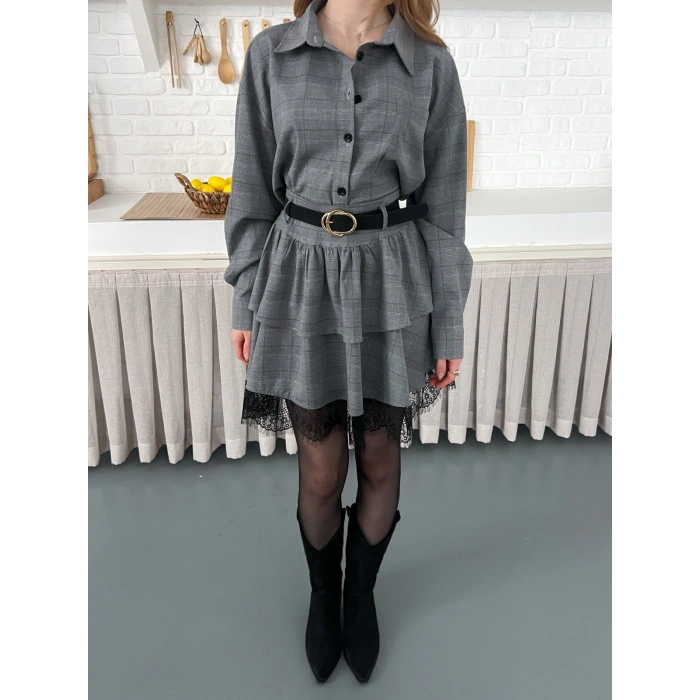 Kemer Detaylı Ekose Kumaş Dantel Etekli Takım Gri