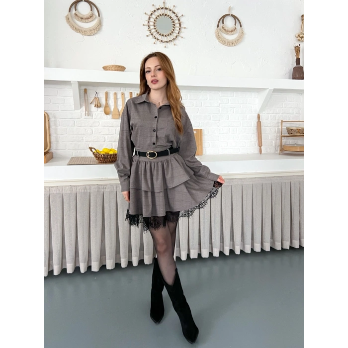 Kemer Detaylı Ekose Kumaş Dantel Etekli Takım Kahve