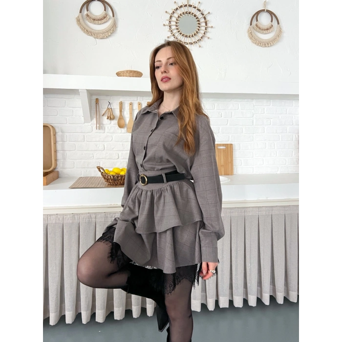 Kemer Detaylı Ekose Kumaş Dantel Etekli Takım Kahve