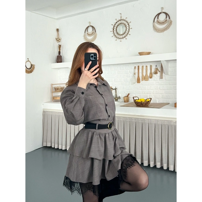 Kemer Detaylı Ekose Kumaş Dantel Etekli Takım Kahve