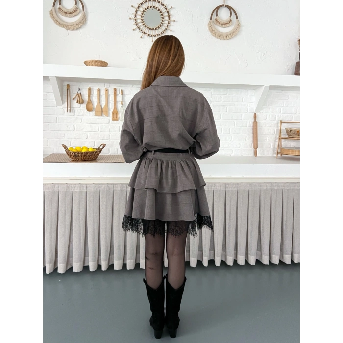 Kemer Detaylı Ekose Kumaş Dantel Etekli Takım Kahve