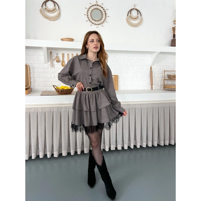 Kemer Detaylı Ekose Kumaş Dantel Etekli Takım Kahve