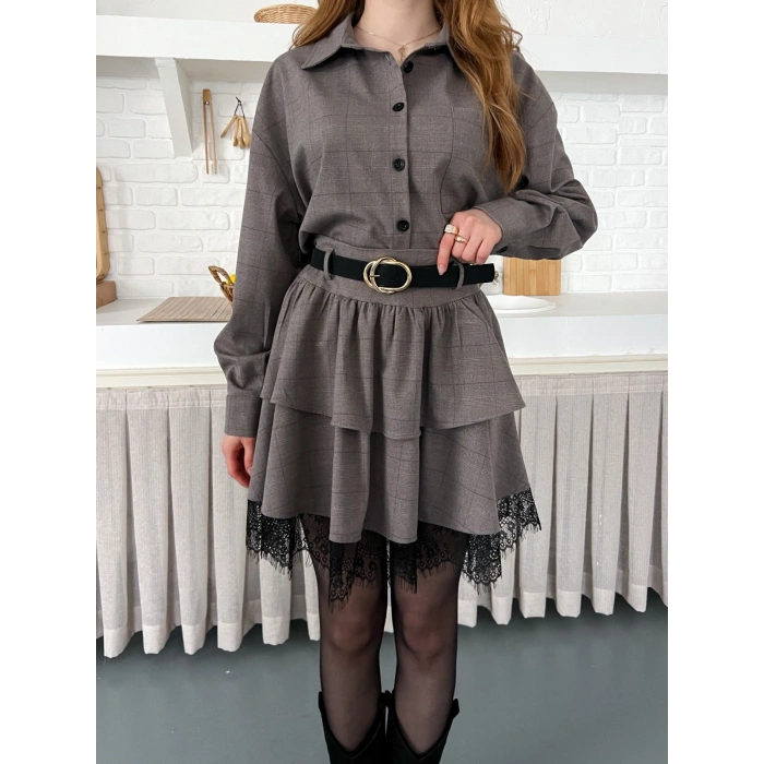 Kemer Detaylı Ekose Kumaş Dantel Etekli Takım Kahve