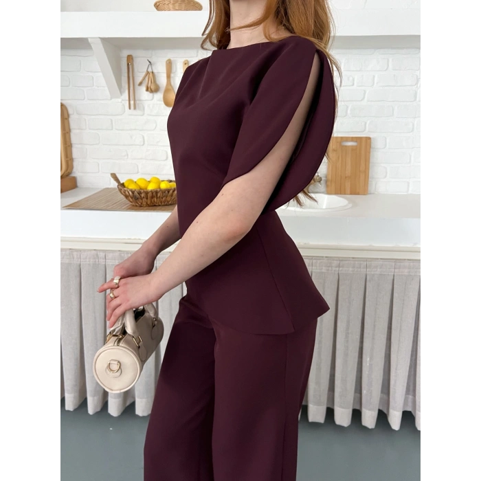 Omuz Detaylı Pantolonlu Takım Mürdüm