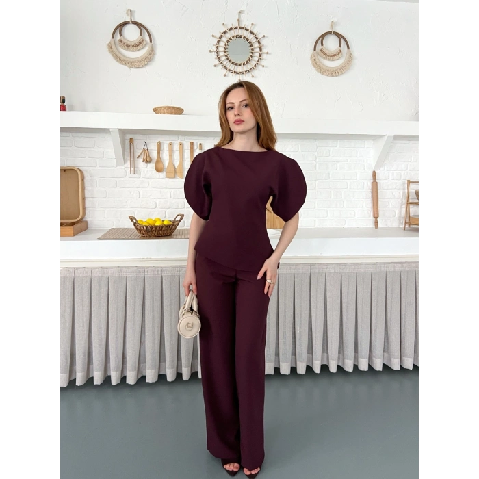 Omuz Detaylı Pantolonlu Takım Mürdüm