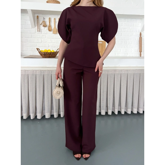 Omuz Detaylı Pantolonlu Takım Mürdüm