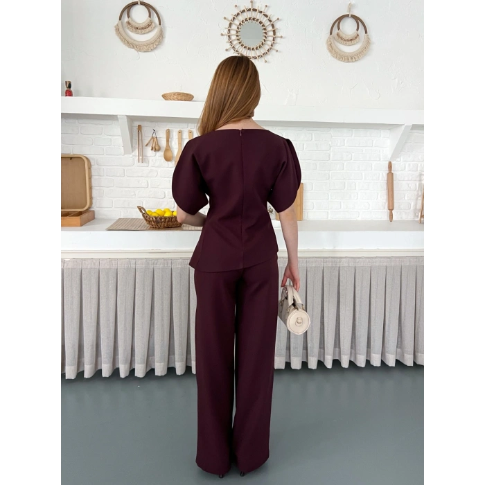 Omuz Detaylı Pantolonlu Takım Mürdüm