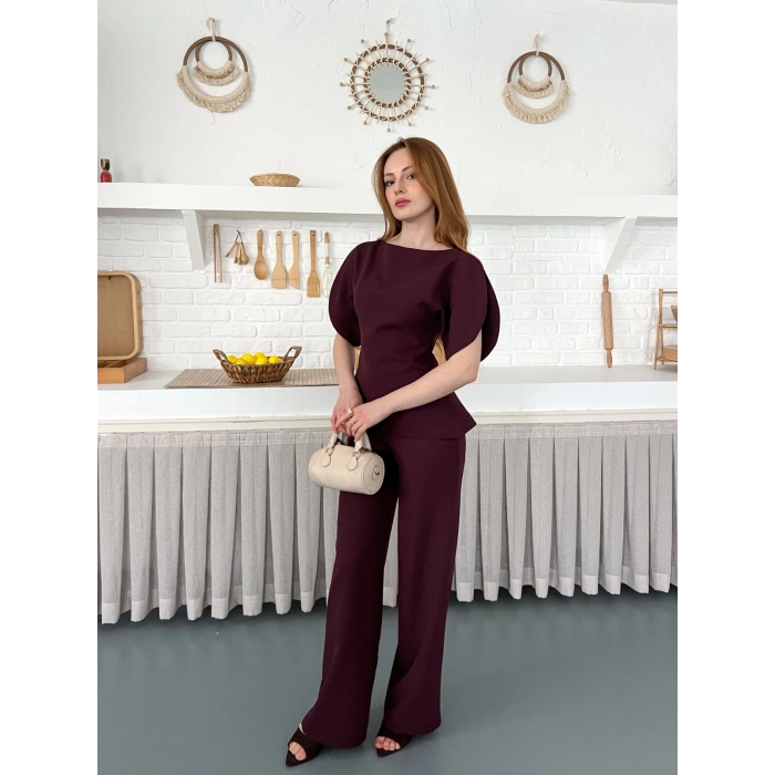 Omuz Detaylı Pantolonlu Takım Mürdüm