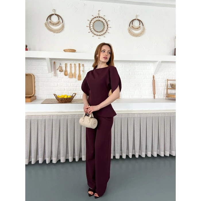 Omuz Detaylı Pantolonlu Takım Mürdüm
