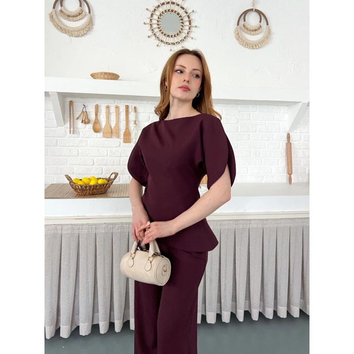 Omuz Detaylı Pantolonlu Takım Mürdüm