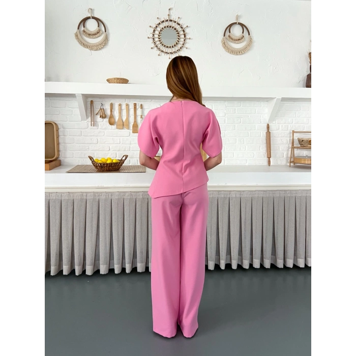Omuz Detaylı Pantolonlu Takım Pembe