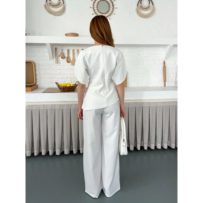Omuz Detaylı Pantolonlu Takım Beyaz
