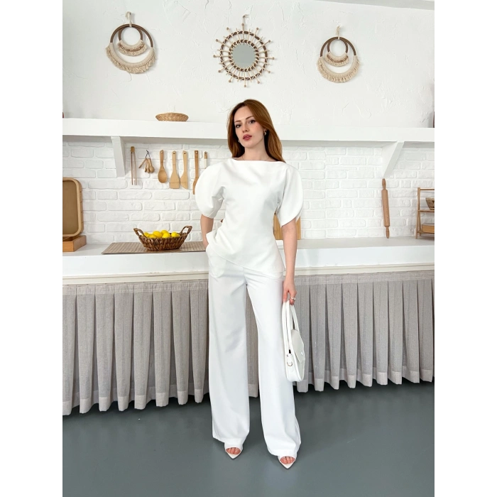 Omuz Detaylı Pantolonlu Takım Beyaz