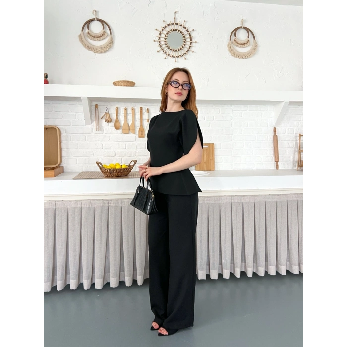 Omuz Detaylı Pantolonlu Takım Siyah