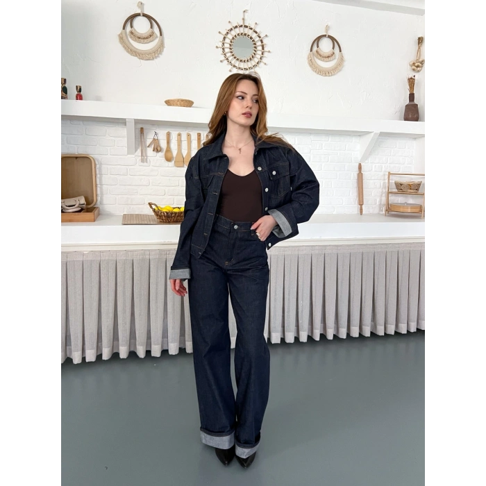 Kontrast Dikiş Detaylı Denim Takım Lacivert