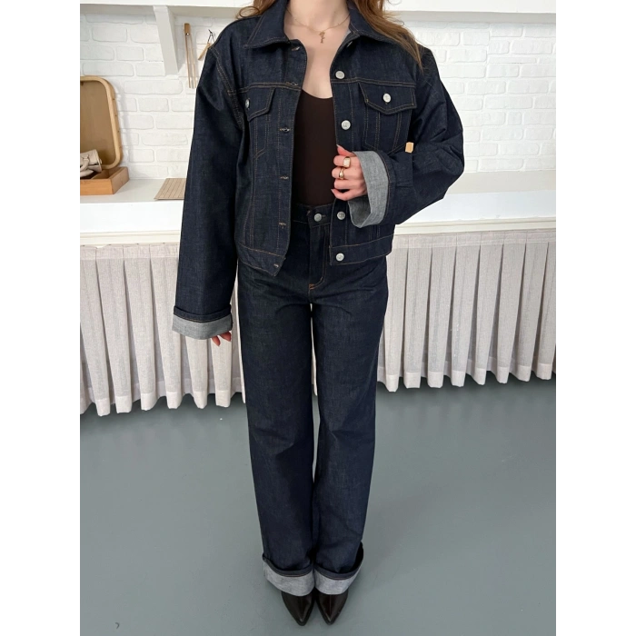 Kontrast Dikiş Detaylı Denim Takım Lacivert