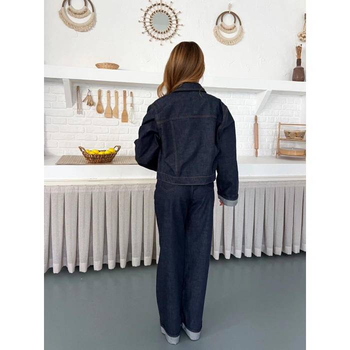 Kontrast Dikiş Detaylı Denim Takım Lacivert