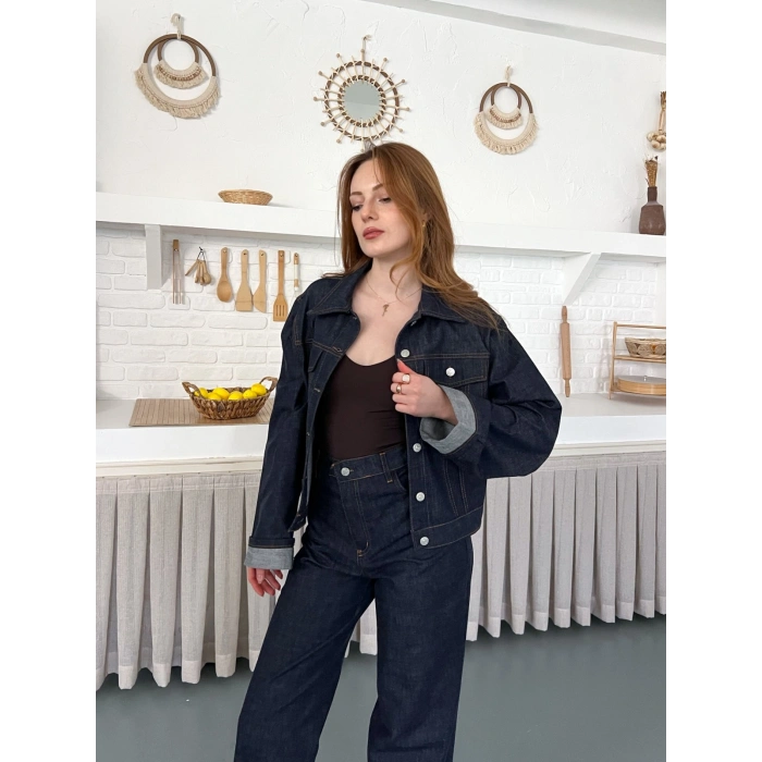 Kontrast Dikiş Detaylı Denim Takım Lacivert