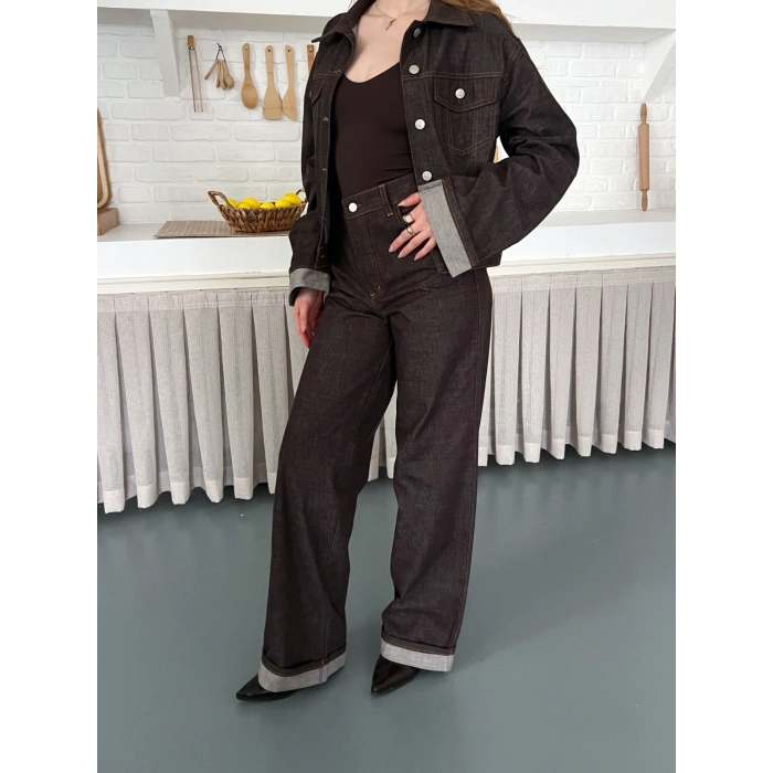 Kontrast Dikiş Detaylı Denim Takım Kahve