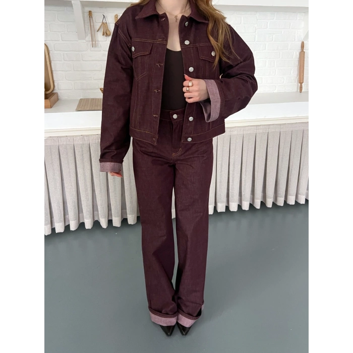 Kontrast Dikiş Detaylı Denim Takım Mürdüm