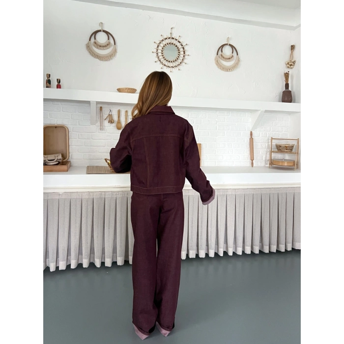 Kontrast Dikiş Detaylı Denim Takım Mürdüm